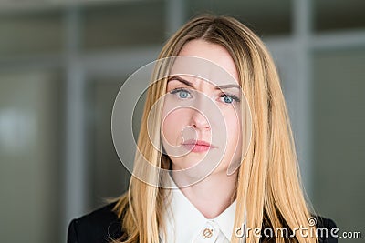 Emotion face woman quizzical inquiring look Stock Photo