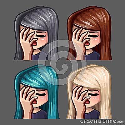 Emotion icons facepalm female with long hairs for social networks and stickers Vector Illustration