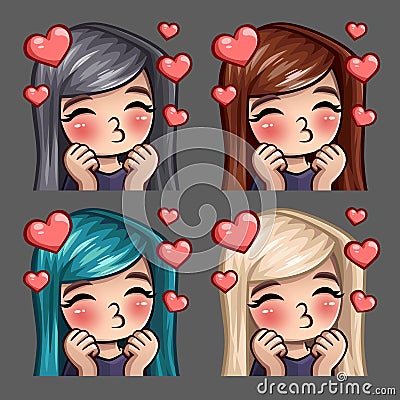 Emotion icons happy female kisses with long hairs for social networks and stickers Vector Illustration