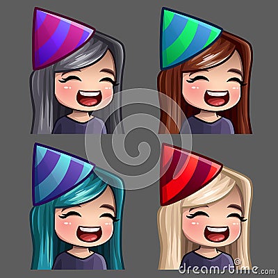 Emotion icons happy party female with long hairs for social networks and stickers Vector Illustration