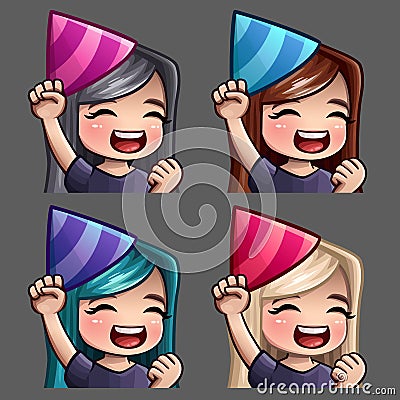 Emotion icons happy party female with long hairs for social networks and stickers Vector Illustration