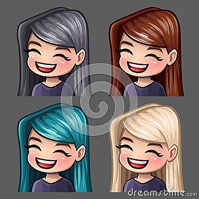 Emotion icons smile female with long hairs for social networks and stickers Vector Illustration