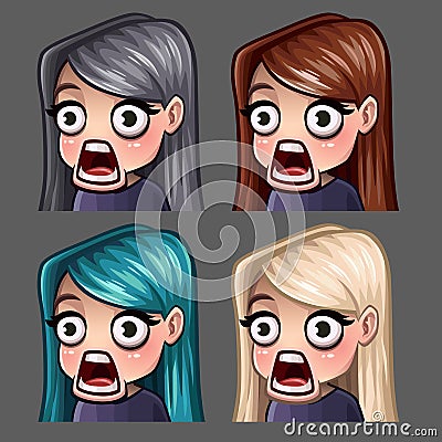 Emotion icons surprised female with long hairs for social networks and stickers Vector Illustration