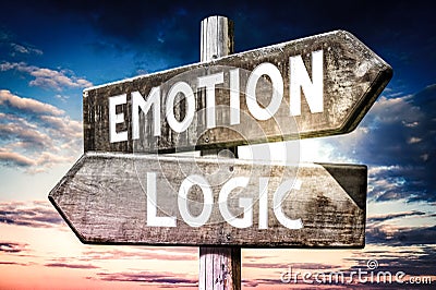 Emotion, logic - wooden signpost, roadsign with two arrows Stock Photo