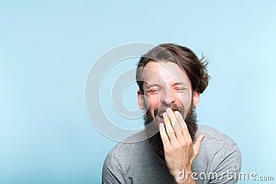 Emotion lol joyful exhilarated bearded man laugh Stock Photo