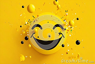 Emotion Loud Laughter. smiley smiley yellow on a yellow background among the candy AI Generation Stock Photo