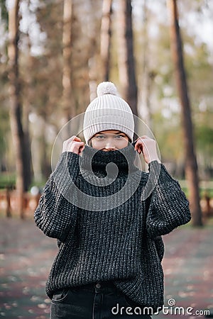 Emotion photo. Cute white emotional caucasian girl in the park Stock Photo