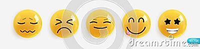 Emotion Realistic 3d Render. Set Icon Smile Emoji. Vector yellow glossy emoticons. Vector Illustration