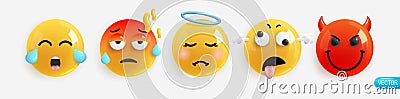 Emotion Realistic 3d Render. Set Icon Smile Emoji. Vector yellow glossy emoticons. Vector Illustration