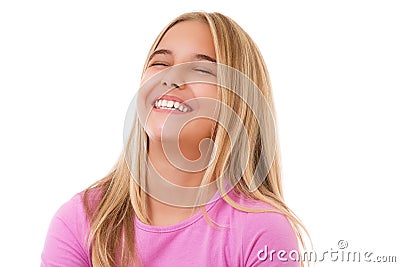 Emotion, success, gesture and people concept- portrait of teenage girl laughing, Stock Photo