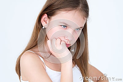 Emotion thoughtful face expression girl pensive Stock Photo
