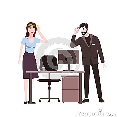 Emotion woman and beraded man surprised raises glasses shocked expression looks at screen notebook, office table chair Vector Illustration