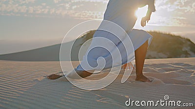 Emotional artist dancing sunset on sand desert close up. Girl passionate dance. Stock Photo