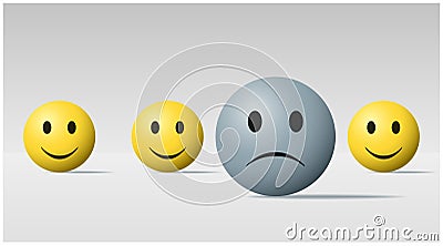 Emotional background with sad face ball among happy face balls Vector Illustration