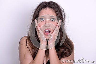 Emotional Beautiful woman in black underwear Stock Photo