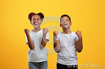 Emotional black brother and sister showing yes gesture Stock Photo