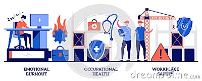 Emotional burnout, occupational health, workplace safety concept with tiny people. Employee health vector illustration set. Cartoon Illustration