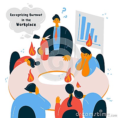 Emotional burnout office workers with their boss. Vector Illustration