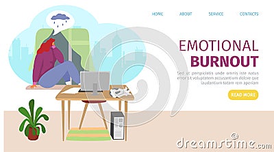 Emotional burnout at remote work, tired woman problem, landing banner vector illustration. Business worker character at Vector Illustration