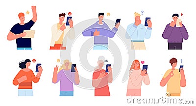 Emotional conversation. Persons talking, young friends talk on phone. Persons group asking online help, mobile chatting Vector Illustration