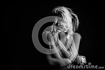 Emotional dreamy woman portrait triple Multiple exposure black and white photo. Hug suport and love emotions Stock Photo