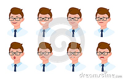 Emotional face cartoon character office man 3/4 side view vector. Happy, smiling, upset, surprised, sad, angry, eyeglasses person Vector Illustration