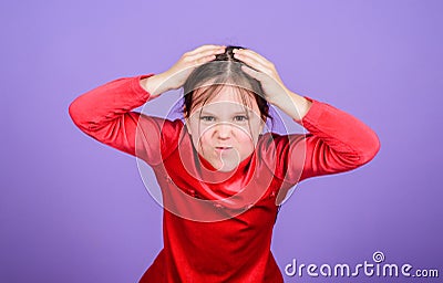 Emotional face small girl violet background. Can not stop her feelings. Lost emotional control. Girl little child Stock Photo