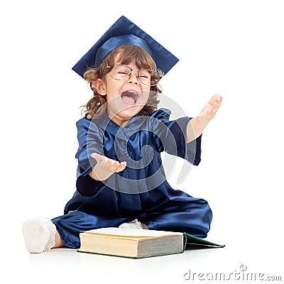 Emotional funny kid as academician with book Stock Photo