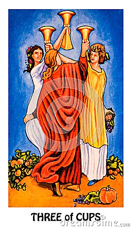 Three of Cups Tarot Card Emotional Growth and Development Celebration Weddings Toasts Friends Stock Photo