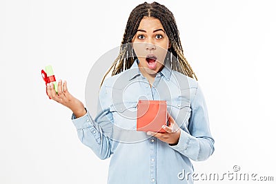 Emotional happy girl opened red gift box isolated on white Stock Photo