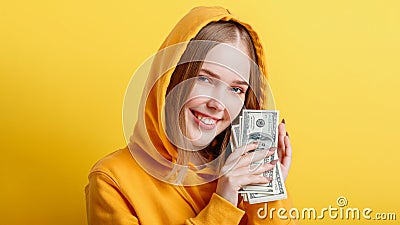 Emotional happy teenage blonde girl in hood win money cash holding dollars isolated on color yellow background. Portrait Stock Photo