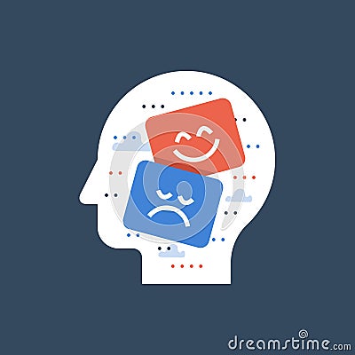 Emotional intelligence and empathy concept, theater sad and happy face, positive thinking, bad and good feelings Vector Illustration