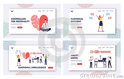 Emotional Intelligence Landing Page Template Set. Iq and Eq Concept. Characters Show Empathy, Communication Skills Vector Illustration