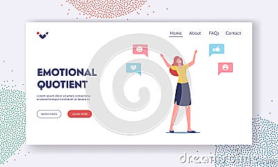 Emotional Intelligence Quotient Landing Page Template. Empathy, Cheerful Female Character Positive Friendly Behavior Vector Illustration