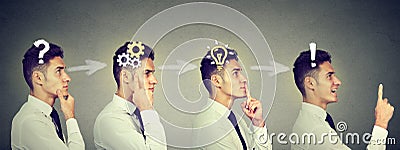 Emotional intelligence. Sequence of a business man thinking, finding solution to a problem with gear mechanism, question, exclamat Stock Photo