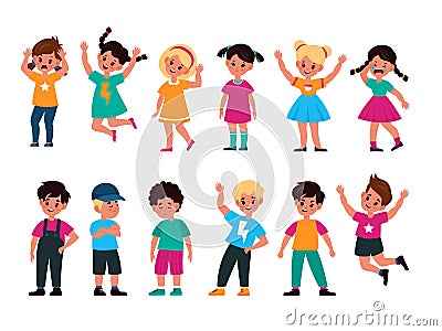 Emotional kids. Cute boys and girls afraid and happy, cry and sad, surprised and resentful, jump and angry, faces with Vector Illustration