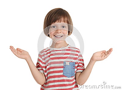 Emotional little boy on white background Stock Photo