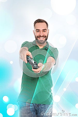 Emotional man playing video games Stock Photo