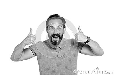 Emotional man with two thumbs up isolated on white background. Excited bearded emotional guy with happy face. Thumbs up on both ha Stock Photo