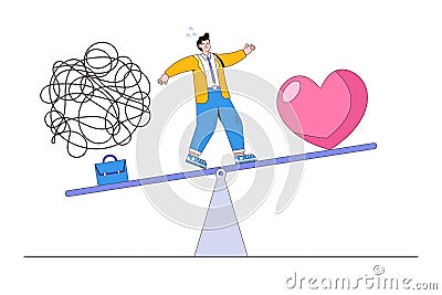 Emotional management between work stressed and happy lifestyles, keep harmony among career and life concepts. Businessman standing Vector Illustration