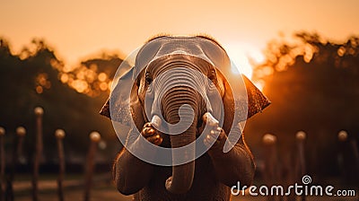 Emotional Portraits of a Tusks-Cut Elephant Conveying Sadness. with touching tusks. Stock Photo