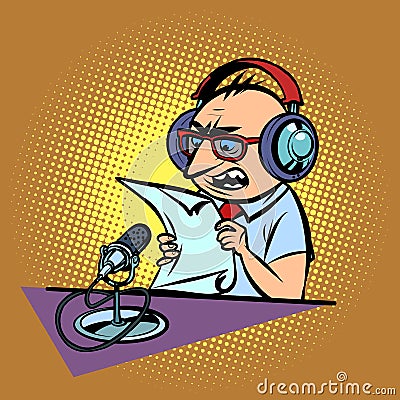 Emotional radio podcaster male sports commentator Vector Illustration