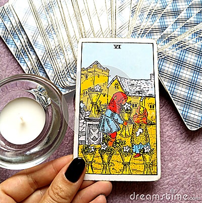 6 Six of Cups Tarot Card Emotional Security Being Cared for Giving and Receiving Openness Sharing Goodwill Kindness Charity Gi Stock Photo