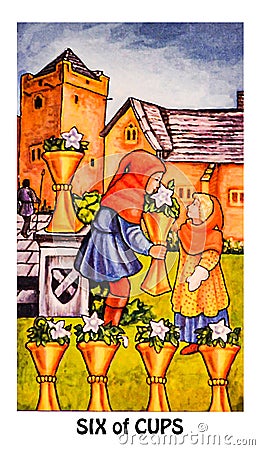 Six of Cups Tarot Card Emotional Security Being Cared for Giving and Receiving Openness Sharing Goodwill Kindness Charity Gi Stock Photo