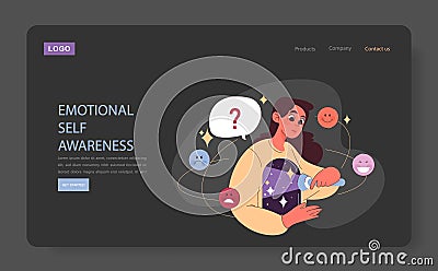 Emotional self-awareness dark mode or night mode web banner Vector Illustration