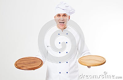 Emotional smiling male chef with blank pizza desk in hand,tasty food concept Stock Photo