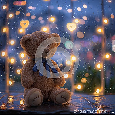 Emotional solitude teddy bear cries amid love shape bokeh lights Stock Photo
