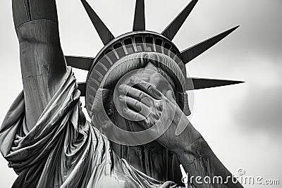 Emotional statue of liberty with her head in hands. American state of grief and depression Stock Photo