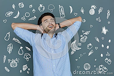 Emotional vegetarian smiling and waiting for fresh vegetables in summer Stock Photo