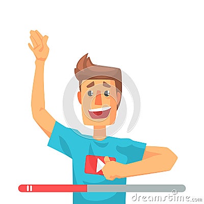 Emotional video blogger man speaking. Colorful cartoon character vector Illustration Vector Illustration